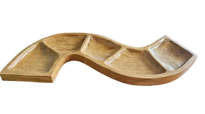 Snake shaped teak bowl with smooth carved wood detail, showcasing a natural teak finish and snake design