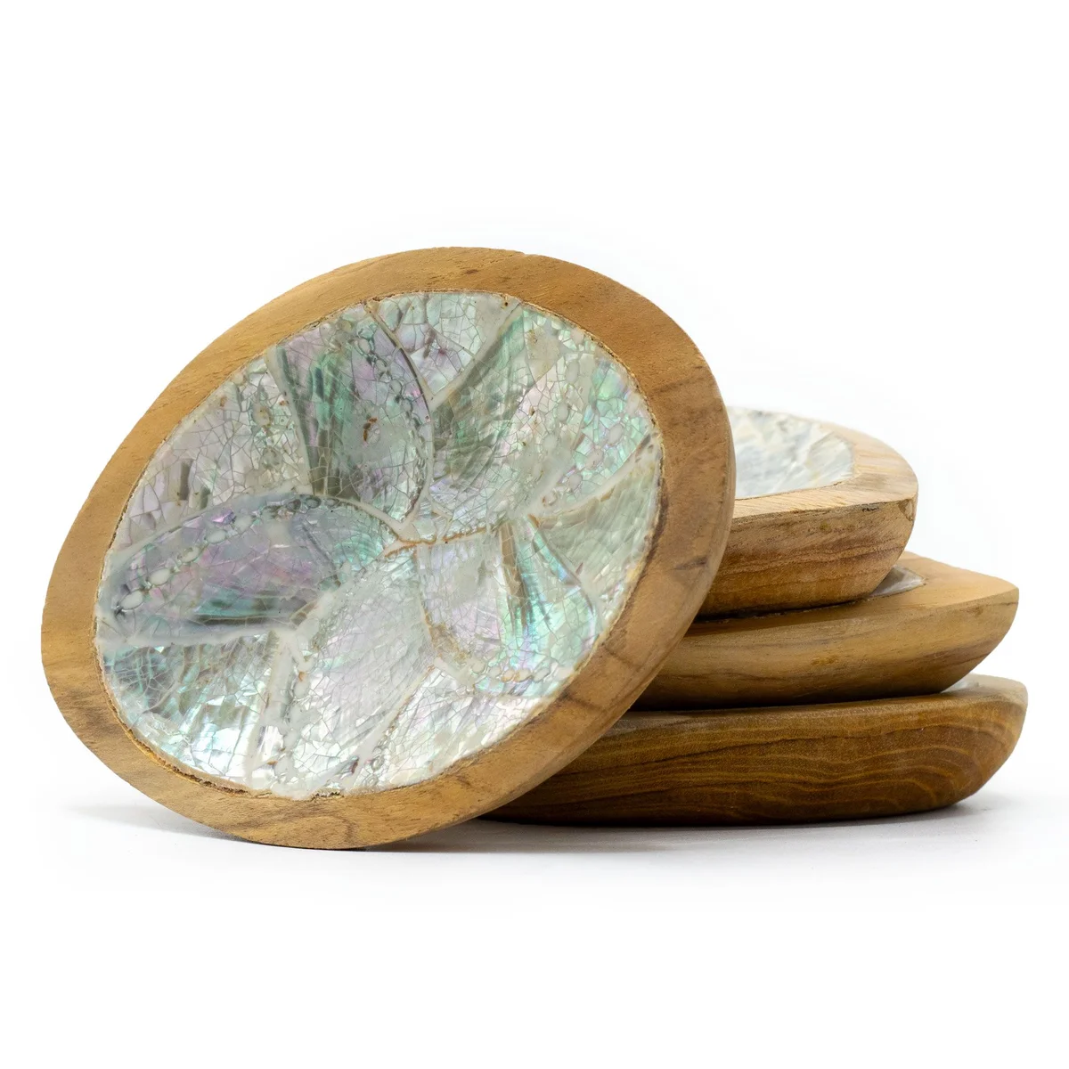 Set of 4 assorted teak mini bowls with shell decor arranged together, teak mini bowls set for serving or display