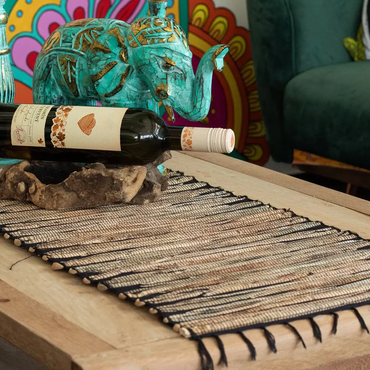 Black Tiger pattern water hyacinth table runner with fringe, laid flat showing texture and natural fibers, 150cm long