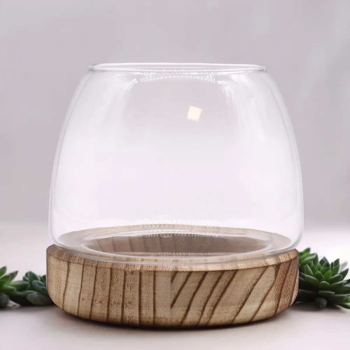 Small decorative terrarium resting on natural tung wood base.