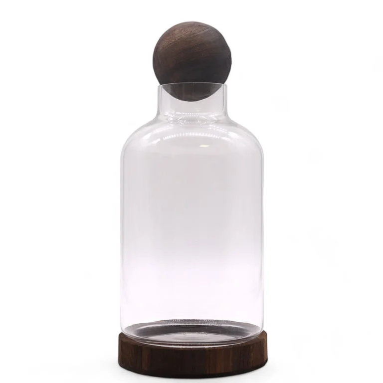 Large round terrarium with glass dome sits on dark wood base