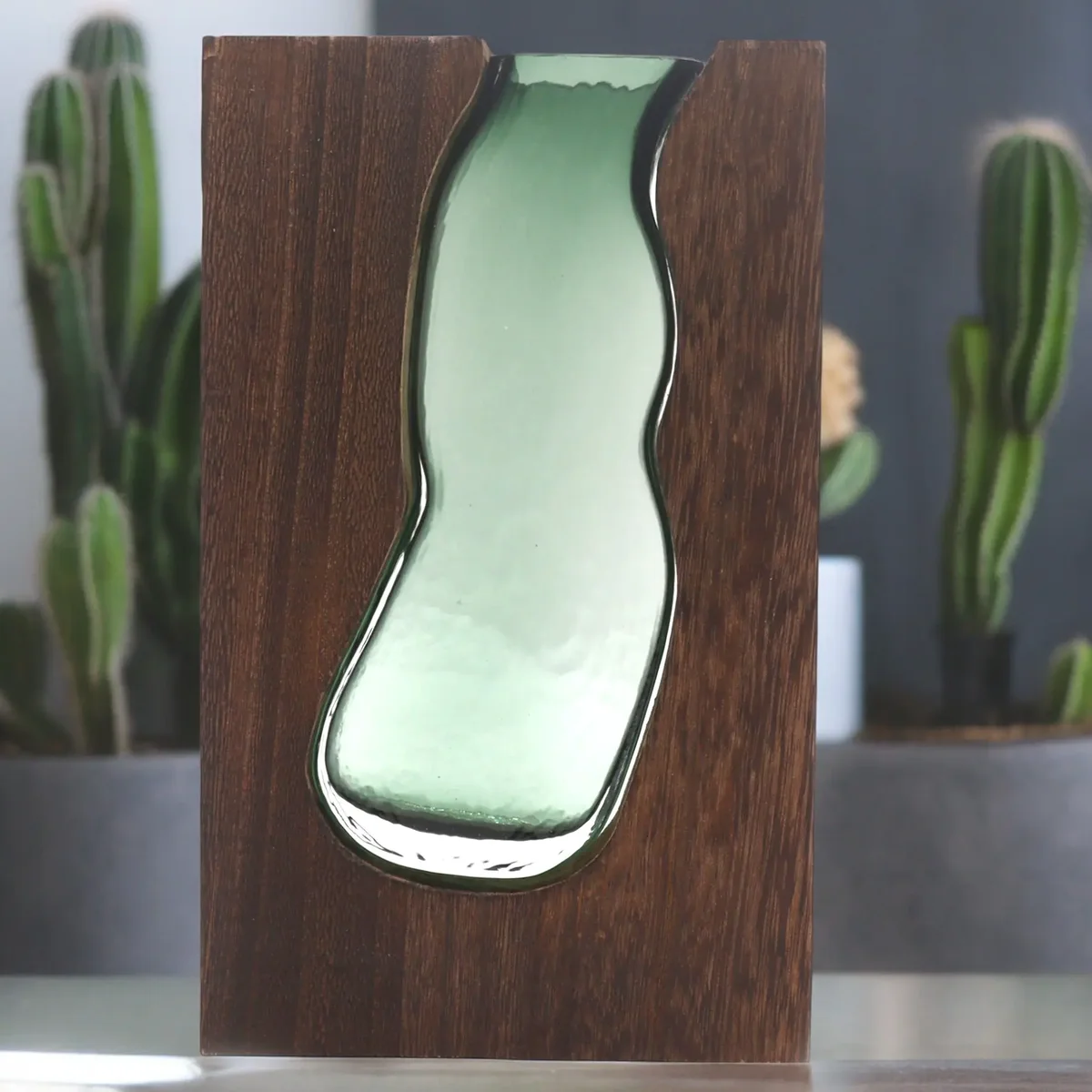 Large glass terrarium vase set in dark tung wood frame.