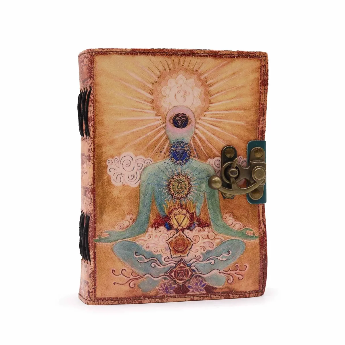 Leather deckle edge notebook featuring Buddha Seven Chakra design, black leather cover with visible foldable edge.