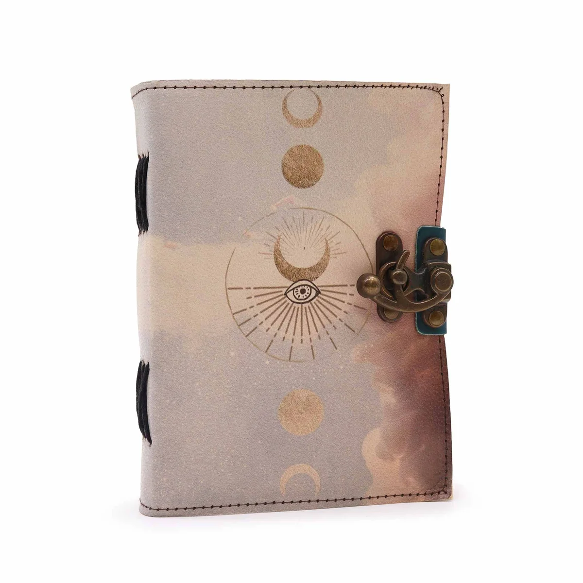 Leather notebook with moon phases design and deckle-edge binding.