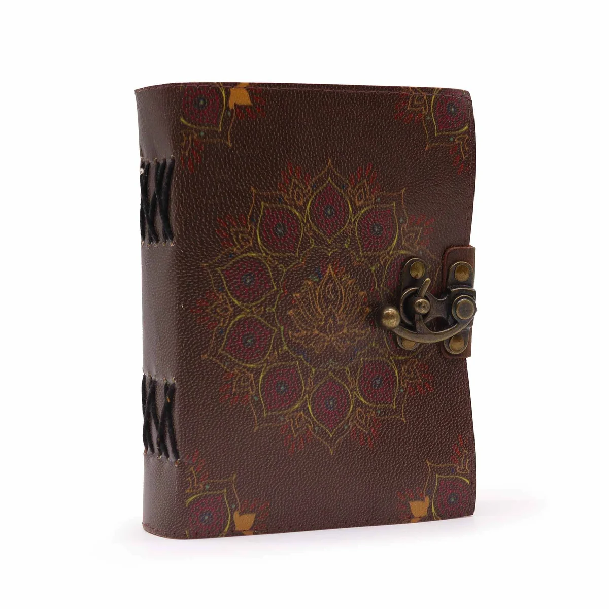 Leather lotus mandala deckle-edge notebook with folded pages shown against a neutral background.