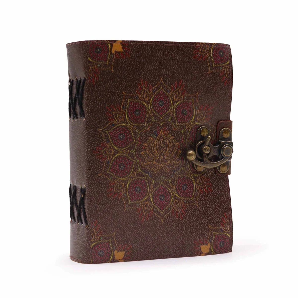 Leather Lotus Mandala deckle edge notebook with embossed lotus pattern and rolled edges.