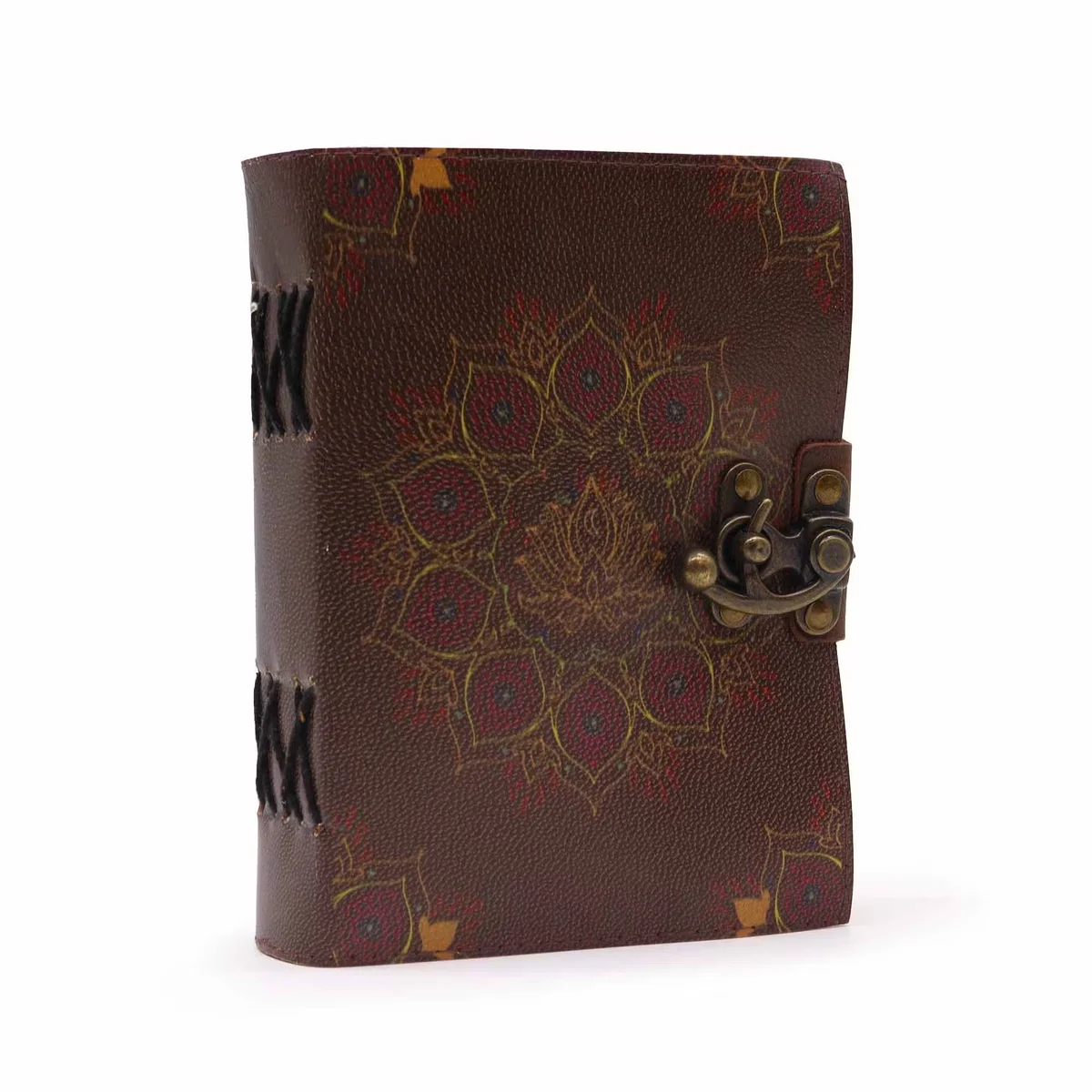 Leather journal notebook with lotus mandala design and deckle edges