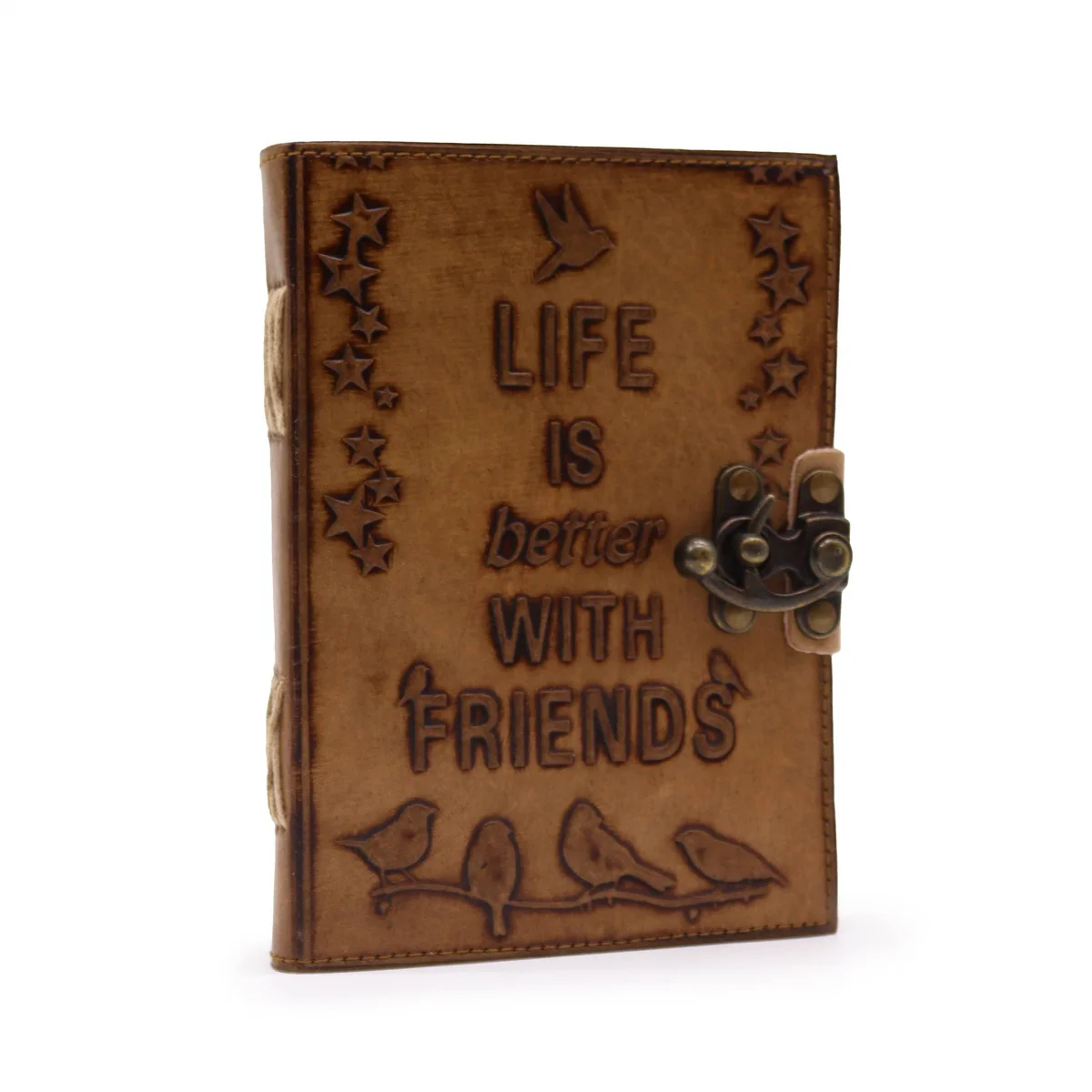 Brown leather journal with plain paper and "Life is Better with Friends" embossed on the cover