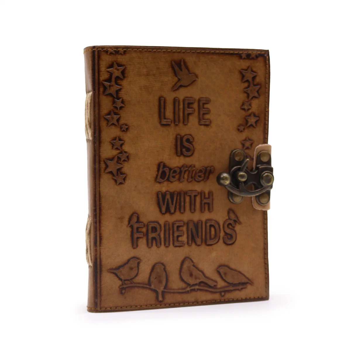 Brown leather friendship journal with plain paper and embossed text Life is Better with Friends on cover
