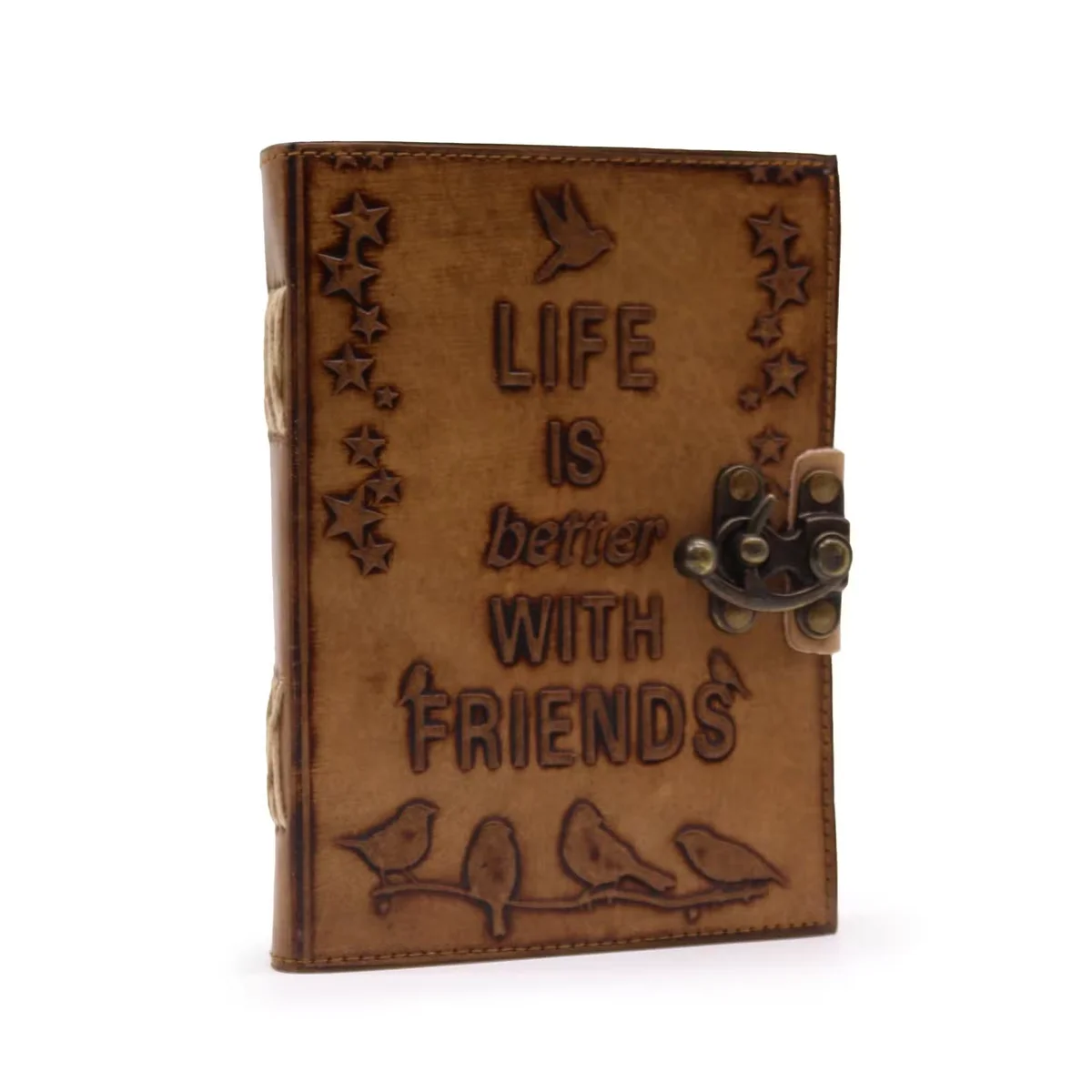 Brown leather notebook with plain paper and embossed phrase Life is Better with Friends on the cover