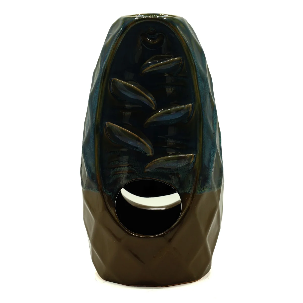 Backflow incense burner shaped like a pineapple mountain with twin cascade design releasing smoke downwards