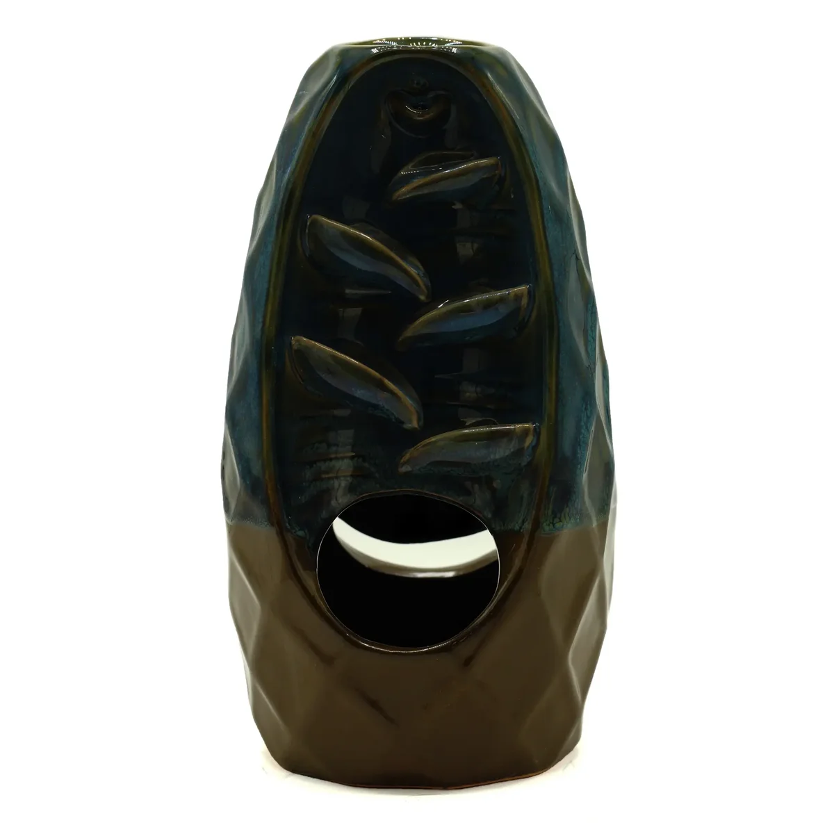 Pineapple incense burner with mountain and cascade twin design releasing smoke downwards