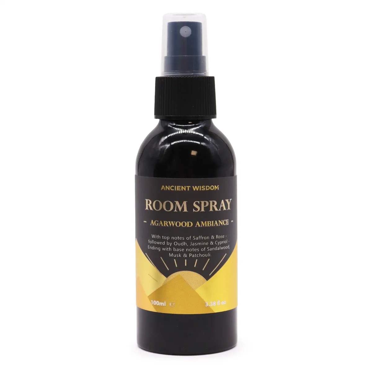 Bottle of Oudh agarwood room spray with 100ml label on a white background
