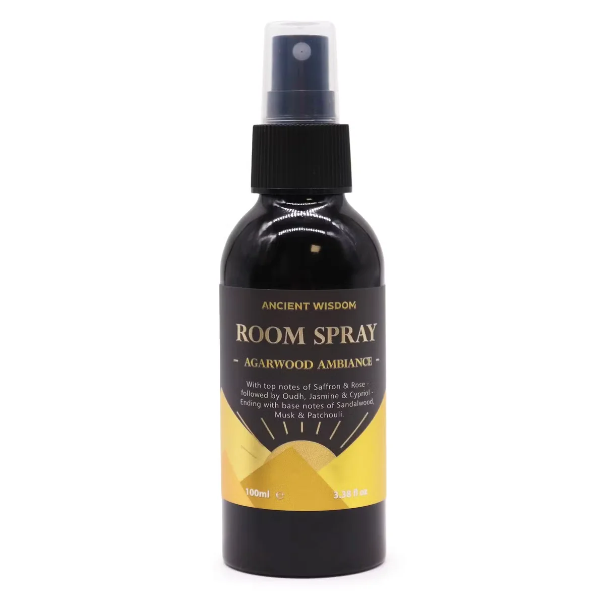 Oudh ambiance spray bottle labeled Agarwood Ambiance, 100ml, with wooden cap on a white background