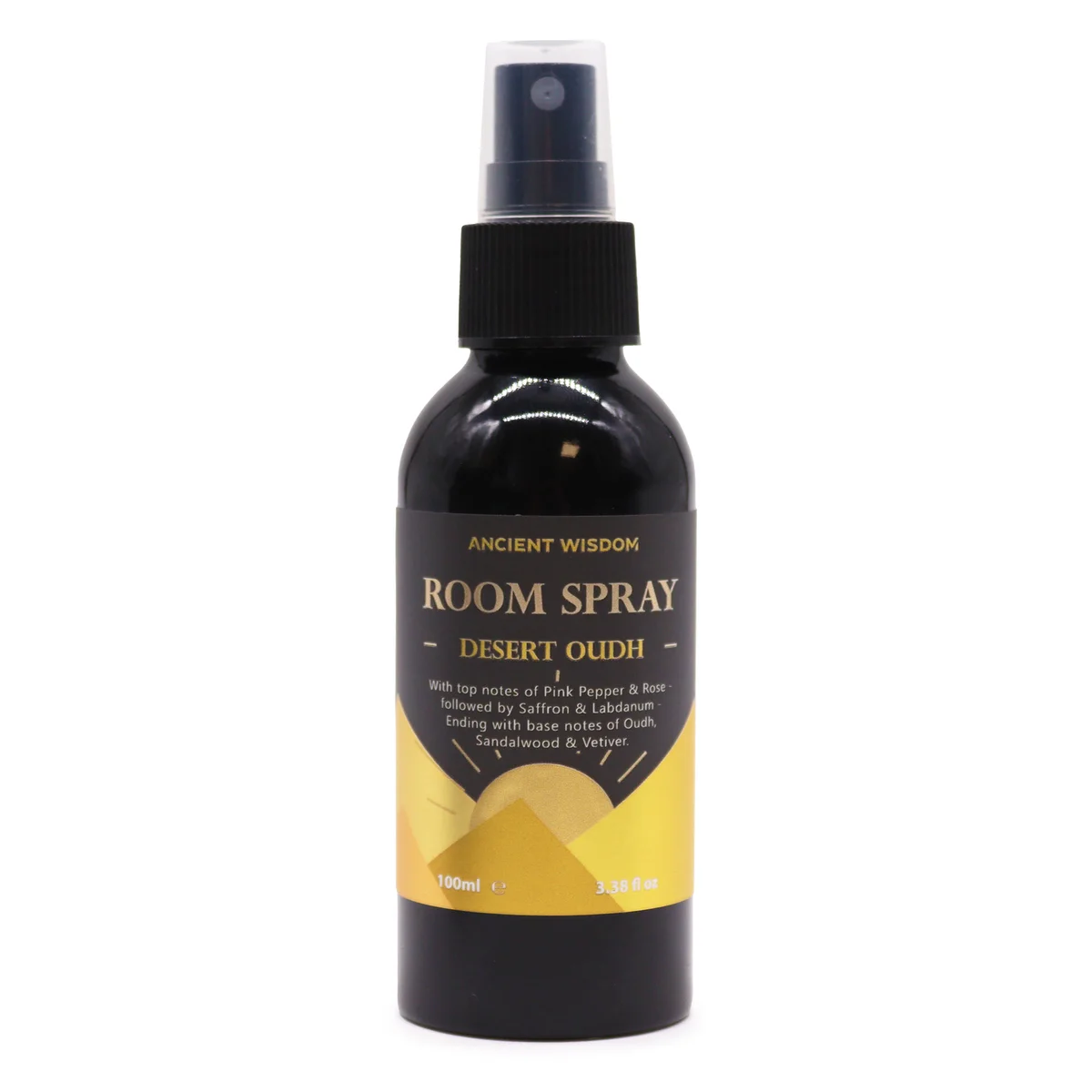 100ml Desert Oudh room fragrance spray bottle with elegant label on plain background