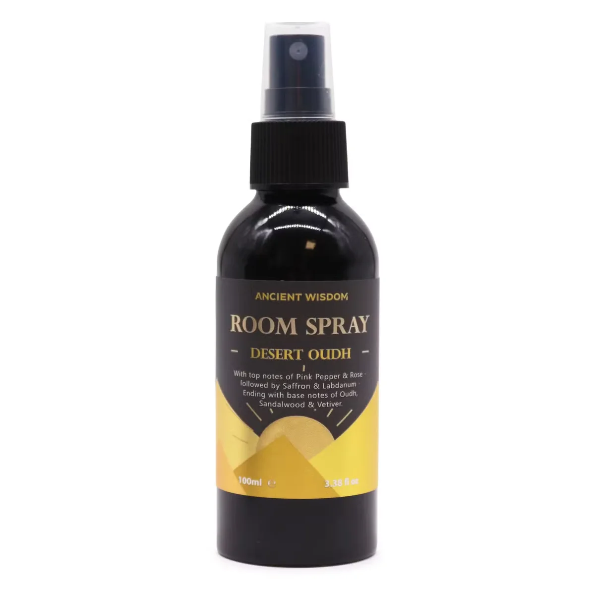 Desert Oudh 100ml room spray bottle with gold cap, labeled as oudh home scent for freshening indoor spaces
