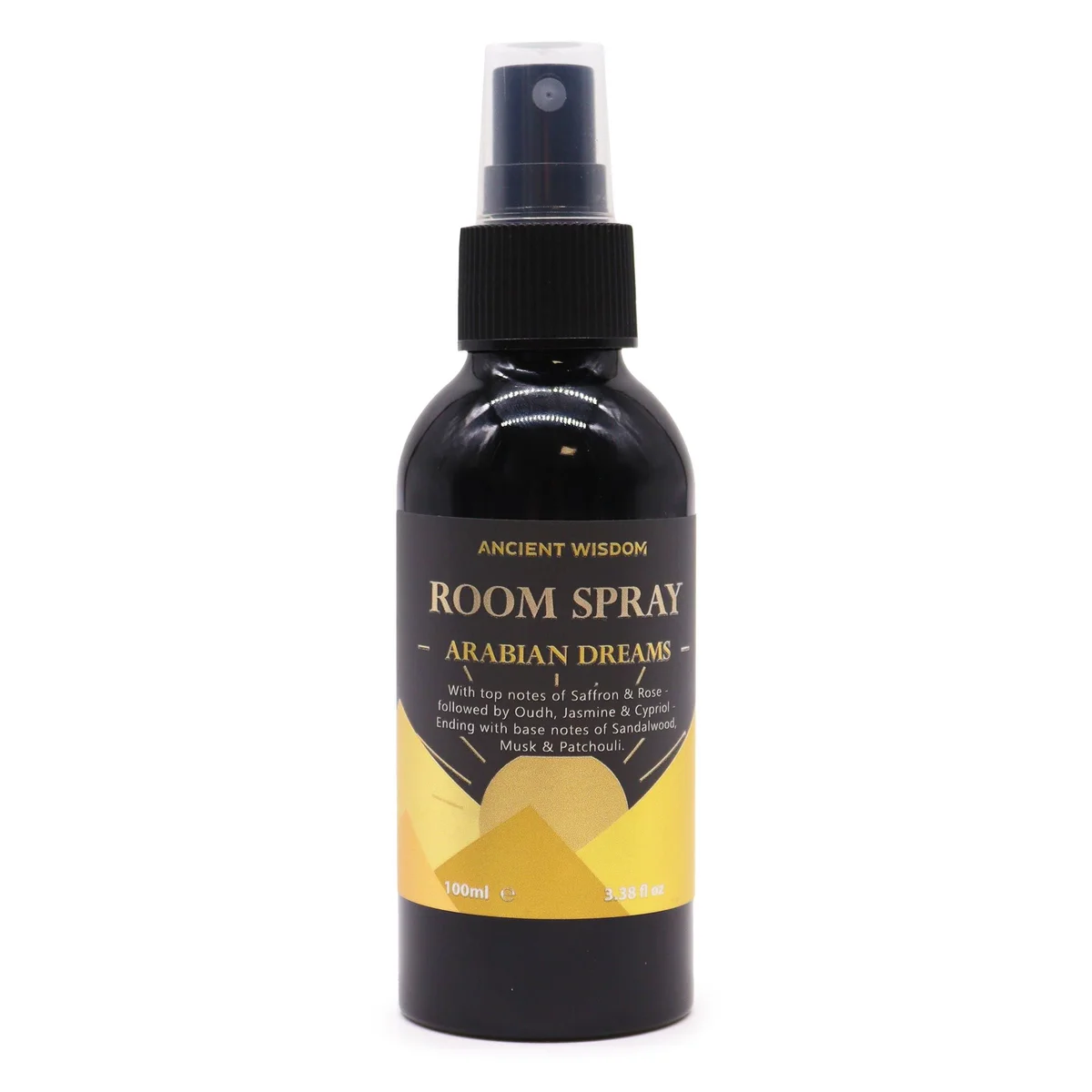 Oudh room spray bottle labeled Arabian Dreams with 100ml capacity on a white background