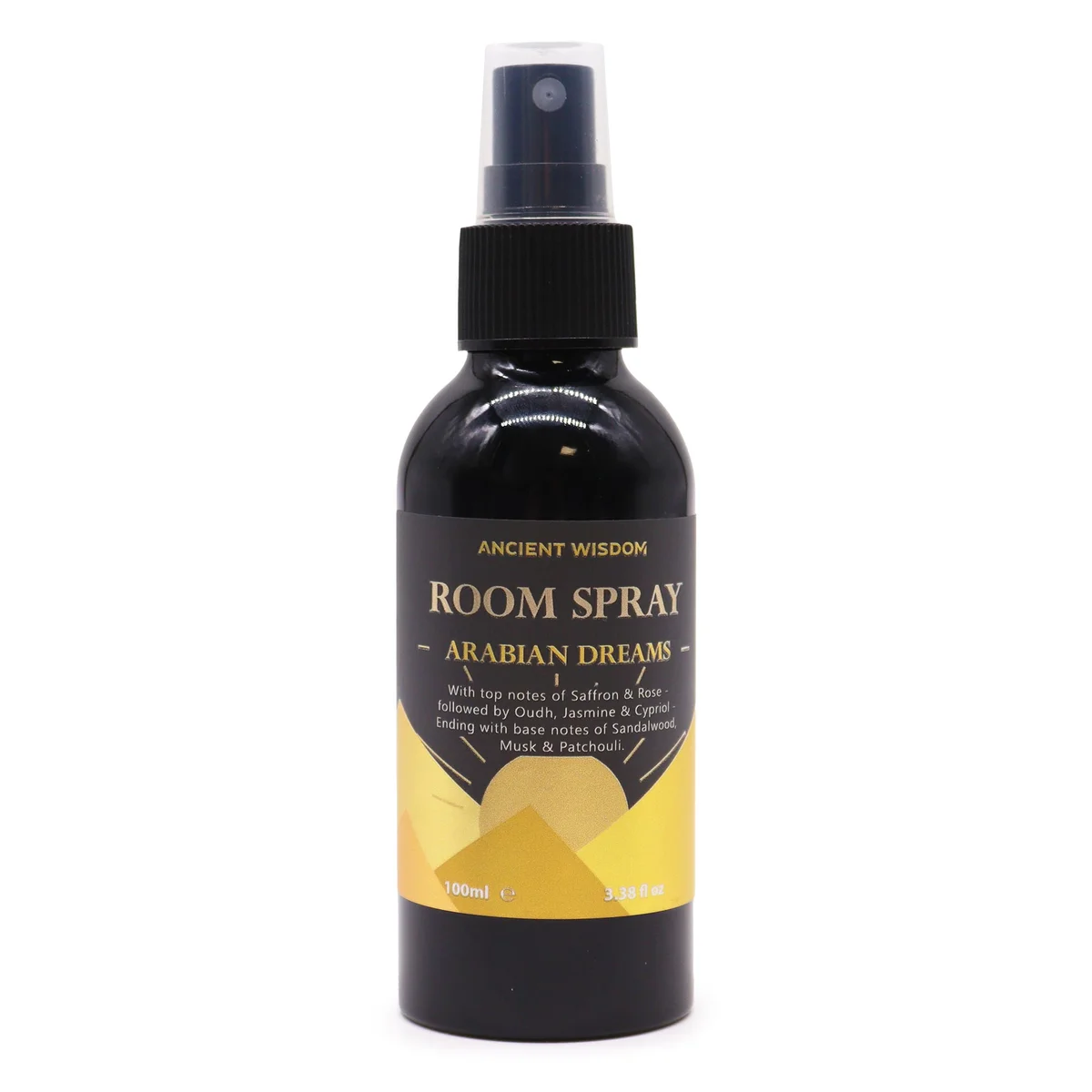 Oudh Room Spray Arabian Dreams bottle with decorative packaging, room spray 100ml size displayed on white background