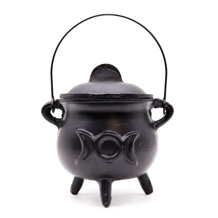 Large cast iron cauldron with triple moon motif, 12x15cm