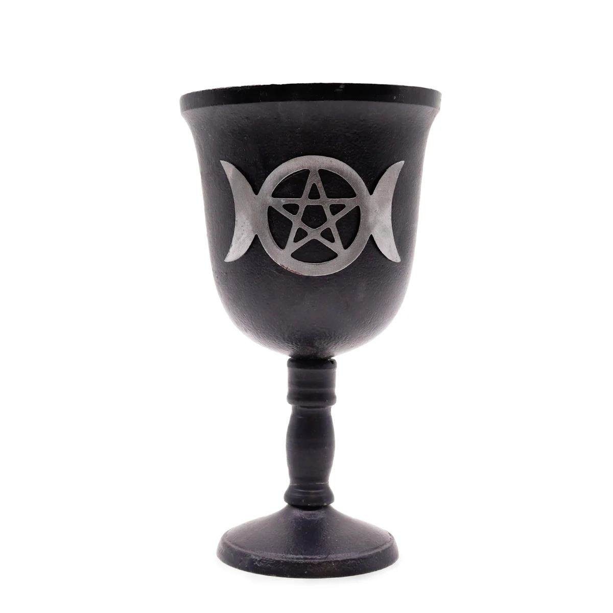 Decorative ritual goblet made of iron featuring a Triple Moon design, measuring 20x11cm, shown from side angle