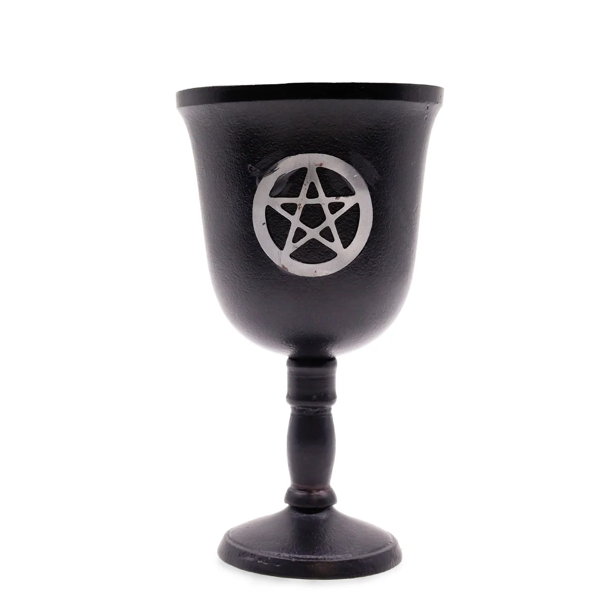 Decorative iron ritual goblet with pentagon shape, measuring 20x11cm, shown from a side angle on white background