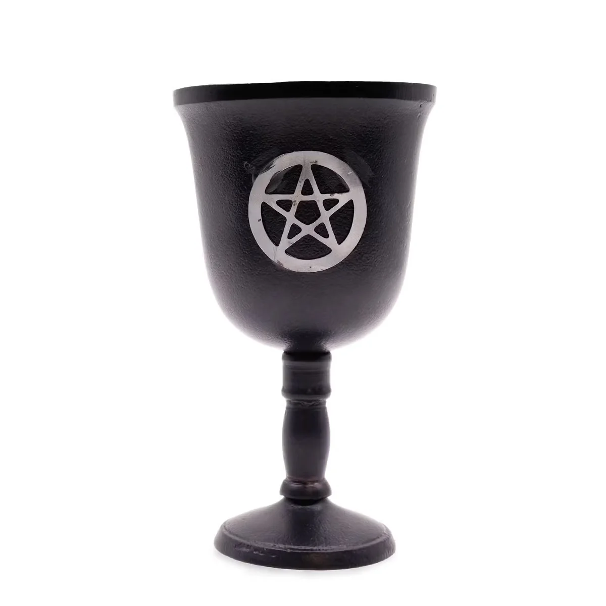 Metal ritual cup shaped like a pentagon iron goblet measuring 20x11cm shown on a plain background