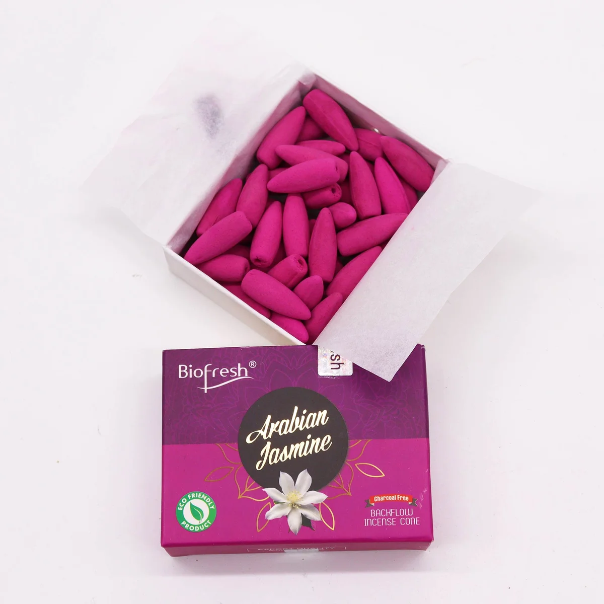 Biofresh incense cones packaging with Arabian Jasmine scent, showing stacked cones and floral design on box