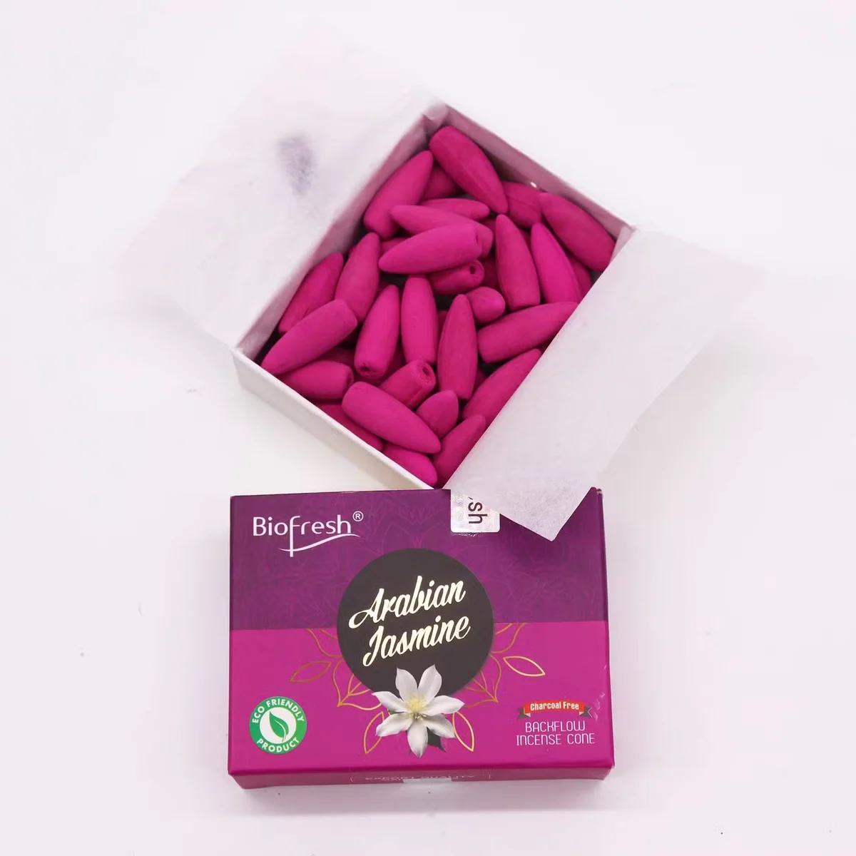 Biofresh Arabian Jasmine backflow incense cones arranged for home use, showing cone shape and packaging details