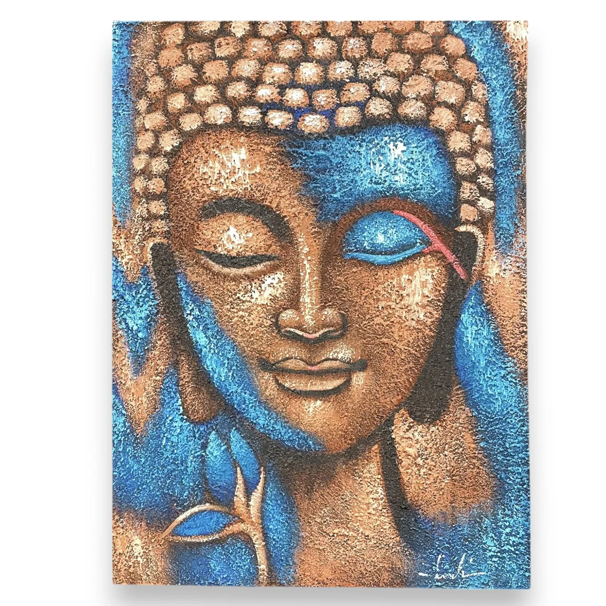 Buddha painting featuring bronze tones and a blue flower painting, sized 75x55cm on canvas