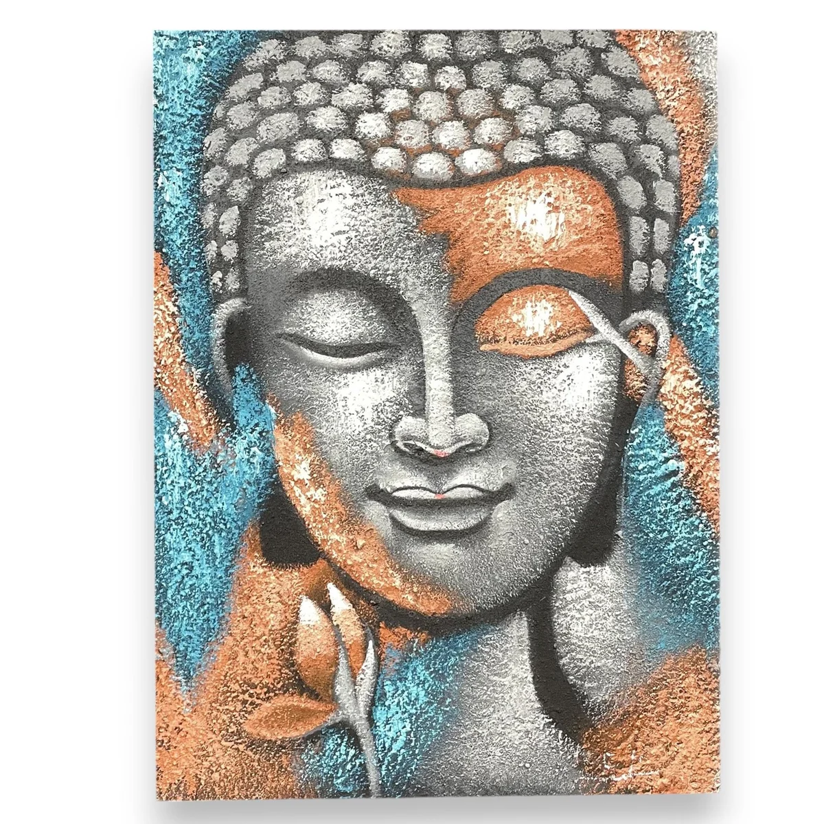 Buddha painting featuring silver and rose gold flower design, measuring 75 by 55 centimeters on canvas
