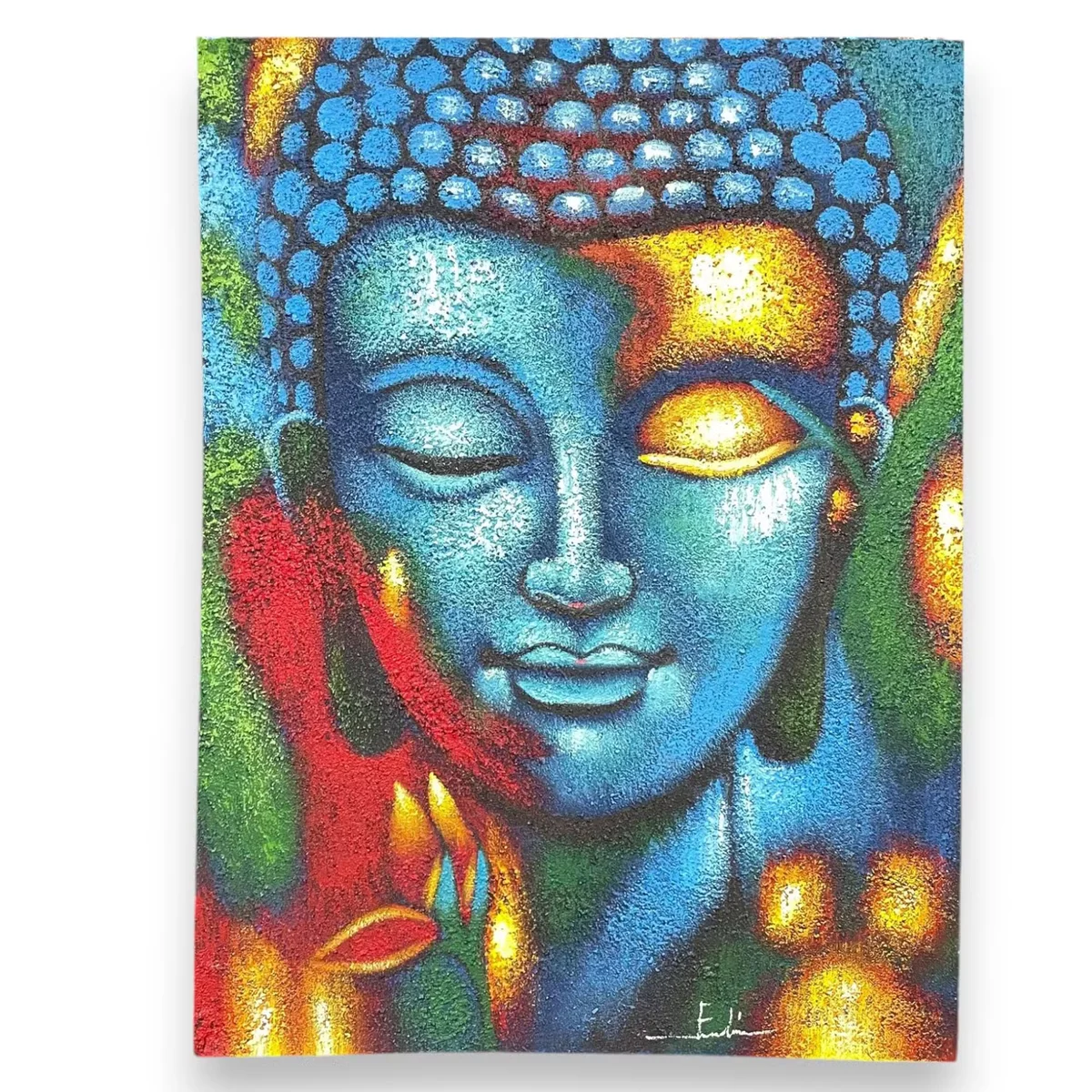 Buddha painting with blue background and gold flower accents, 75x55cm flower painting decor for wall display