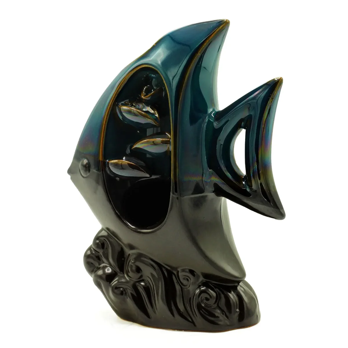 Ceramic tropical fish incense burner designed for backflow incense cones, showing detailed fish shape and smoke flow.