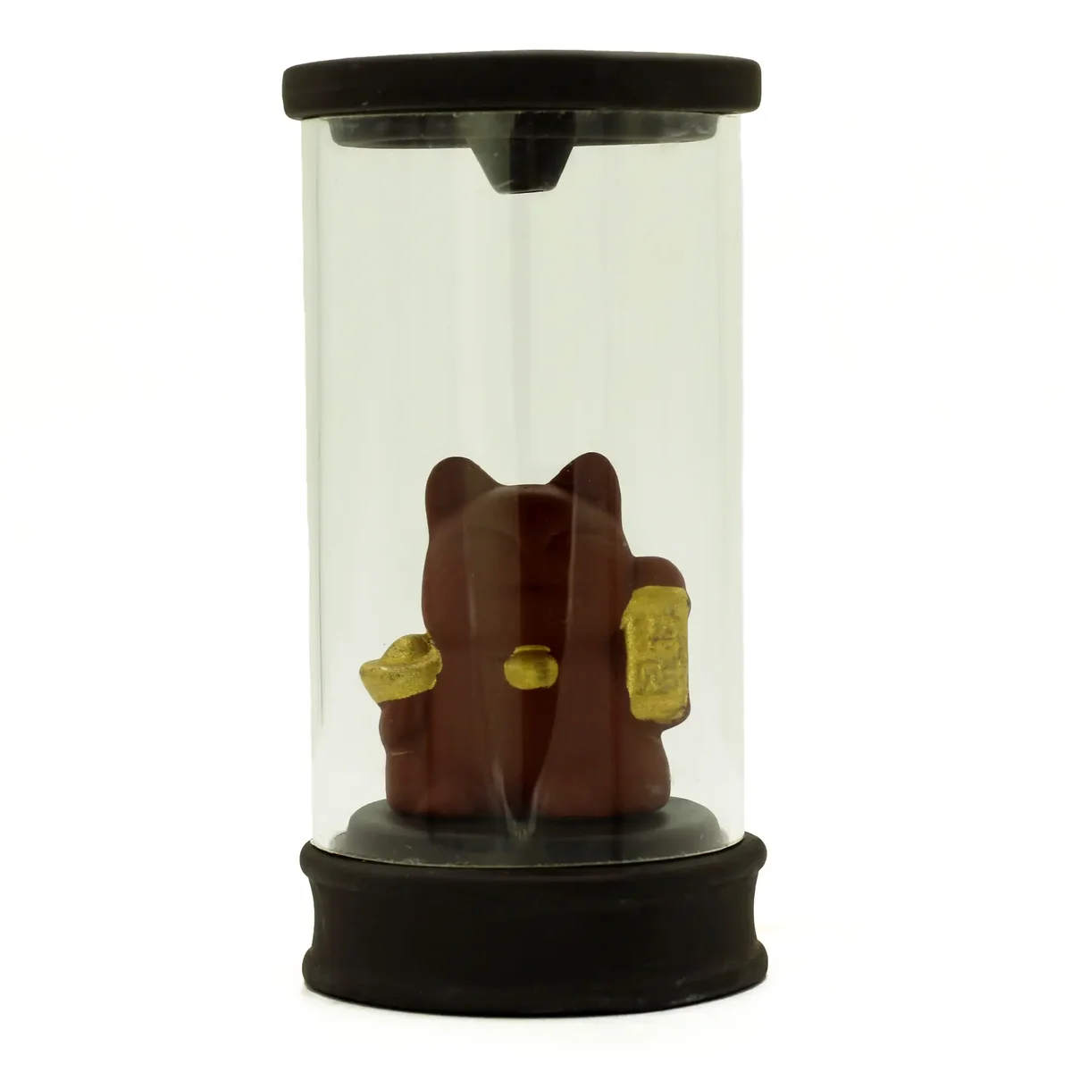 Ceramic money cat incense burner shaped like a cat with a tube for backflow incense cones on a white background