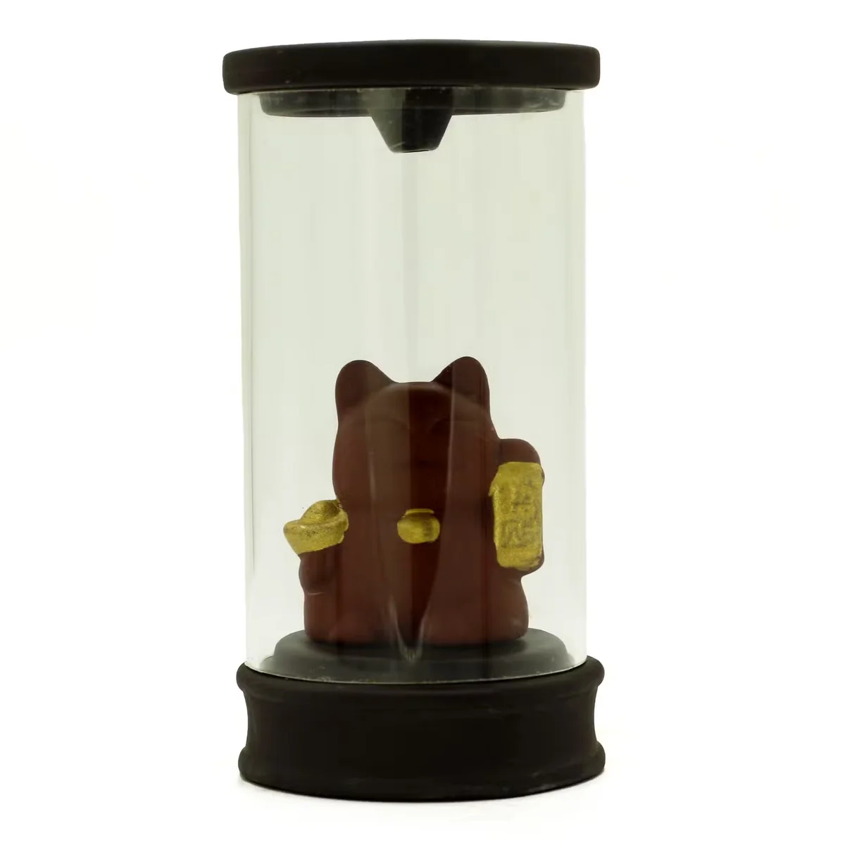 Decorative incense burner shaped like a Money Cat tube with backflow incense smoke flowing downwards