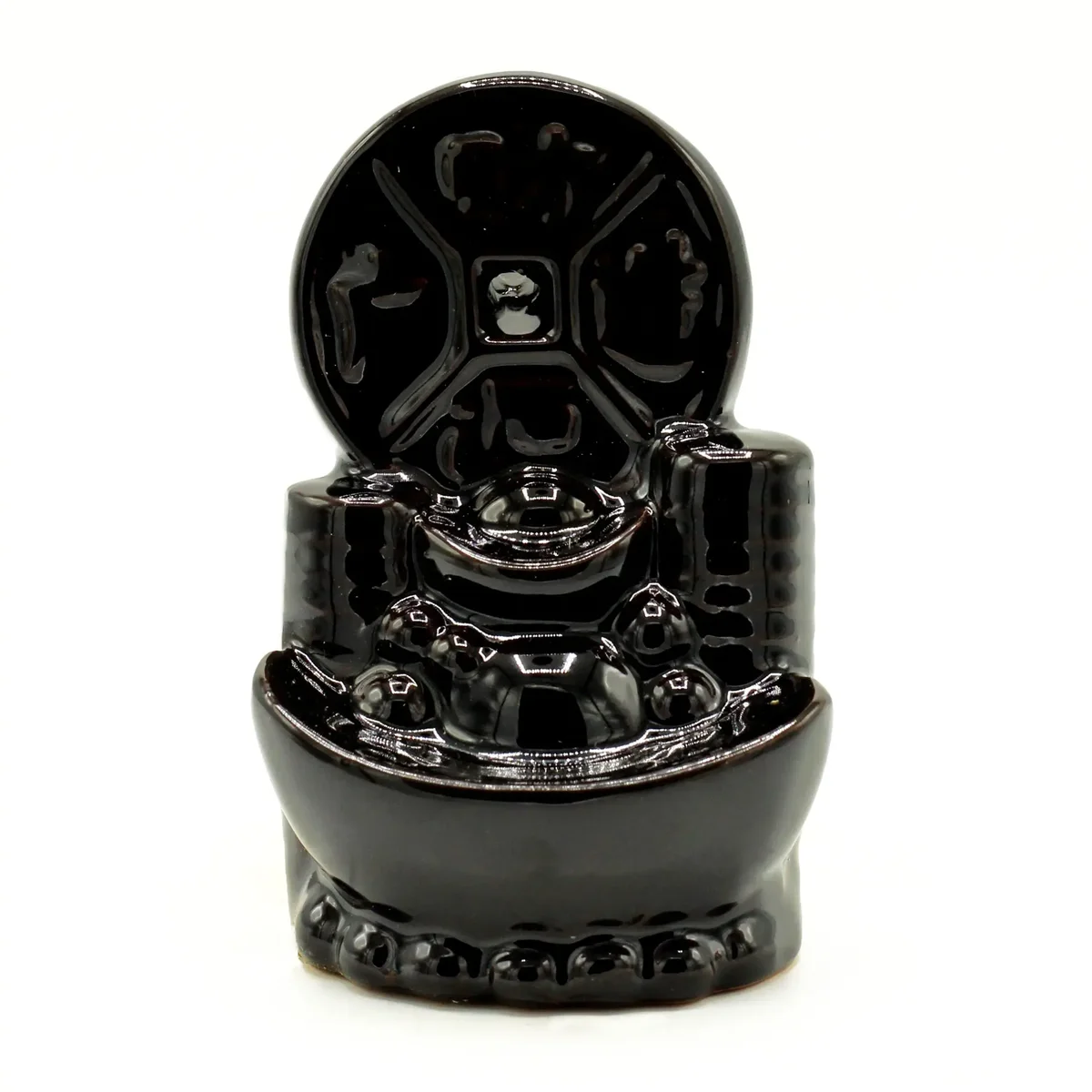 Ancient Chinese coin incense burner with backflow design, showing detailed coin shape and incense smoke flow