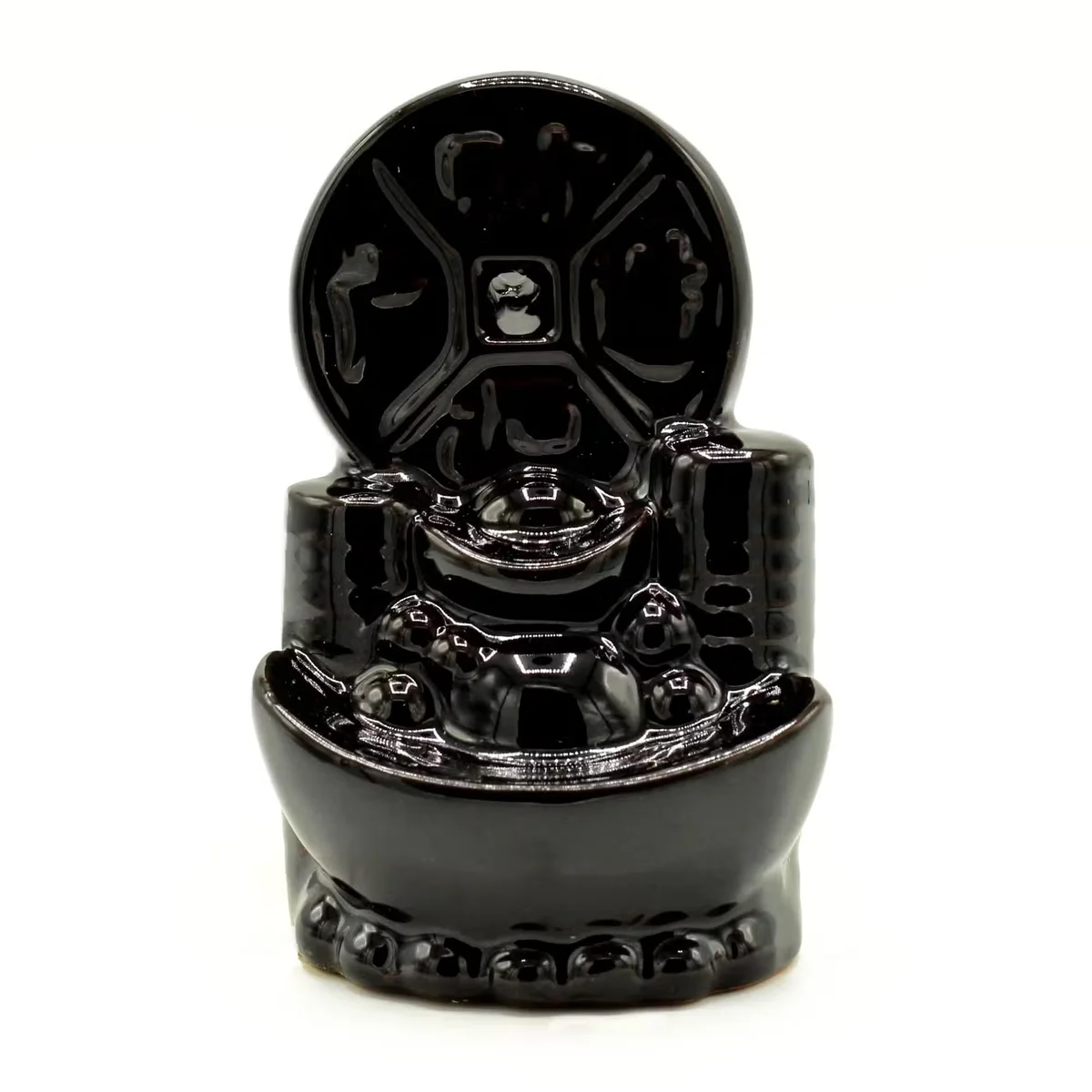 Ancient Chinese coin style backflow incense burner emitting smoke from top, designed for calming ambiance