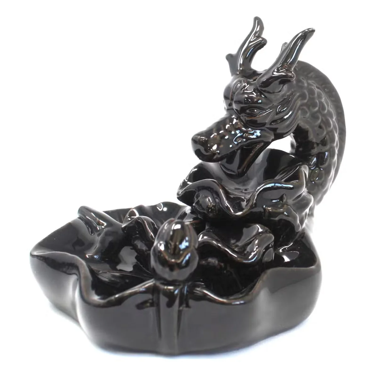 XL dragon pool incense burner with intricate dragon design and smoke flowing downward in backflow style