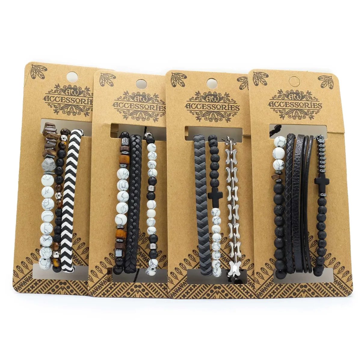 Set of men's bracelet sets in black tones, styled for a city slicker look, displayed on a white background