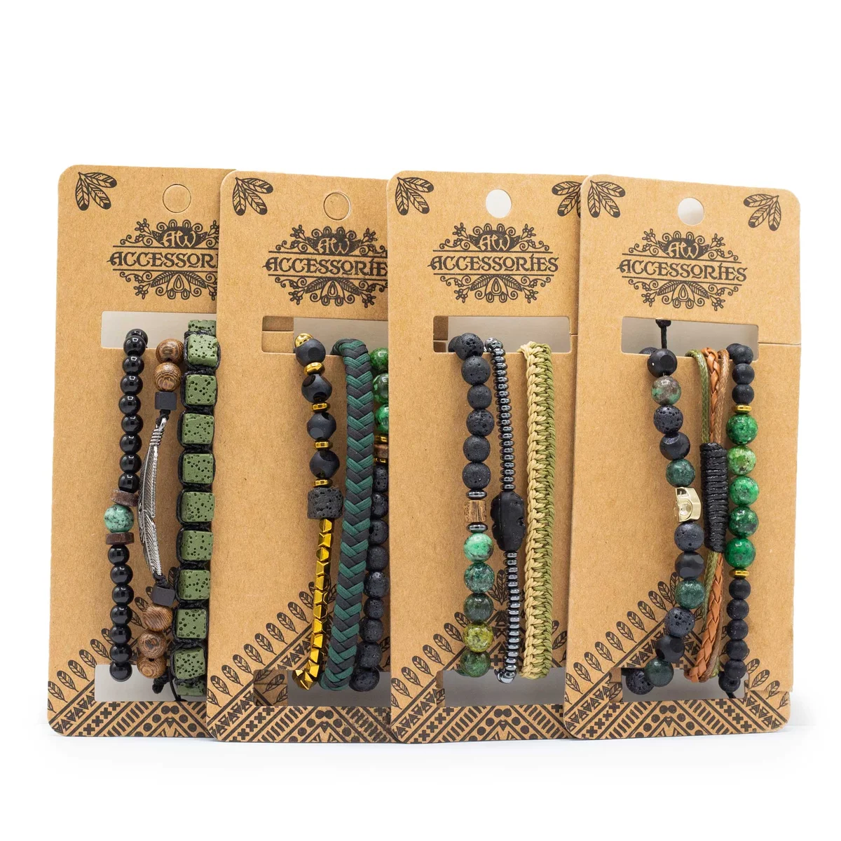 Set of premium mens bracelets in outdoor green tones displayed on a neutral background, showing various textures and styles