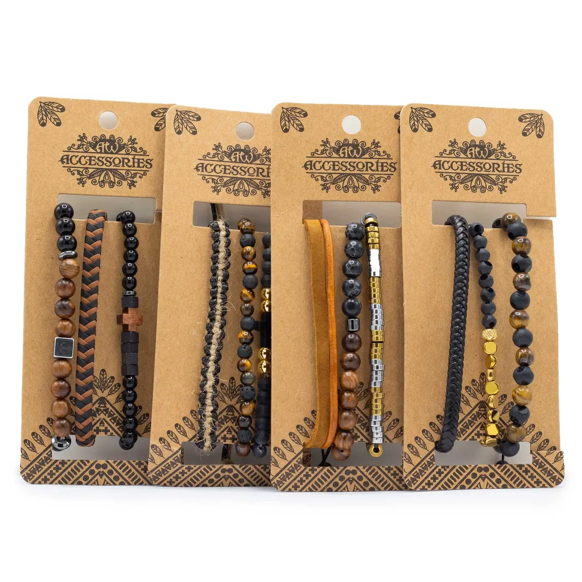Men's bracelet sets in black and tan colours displayed side by side.