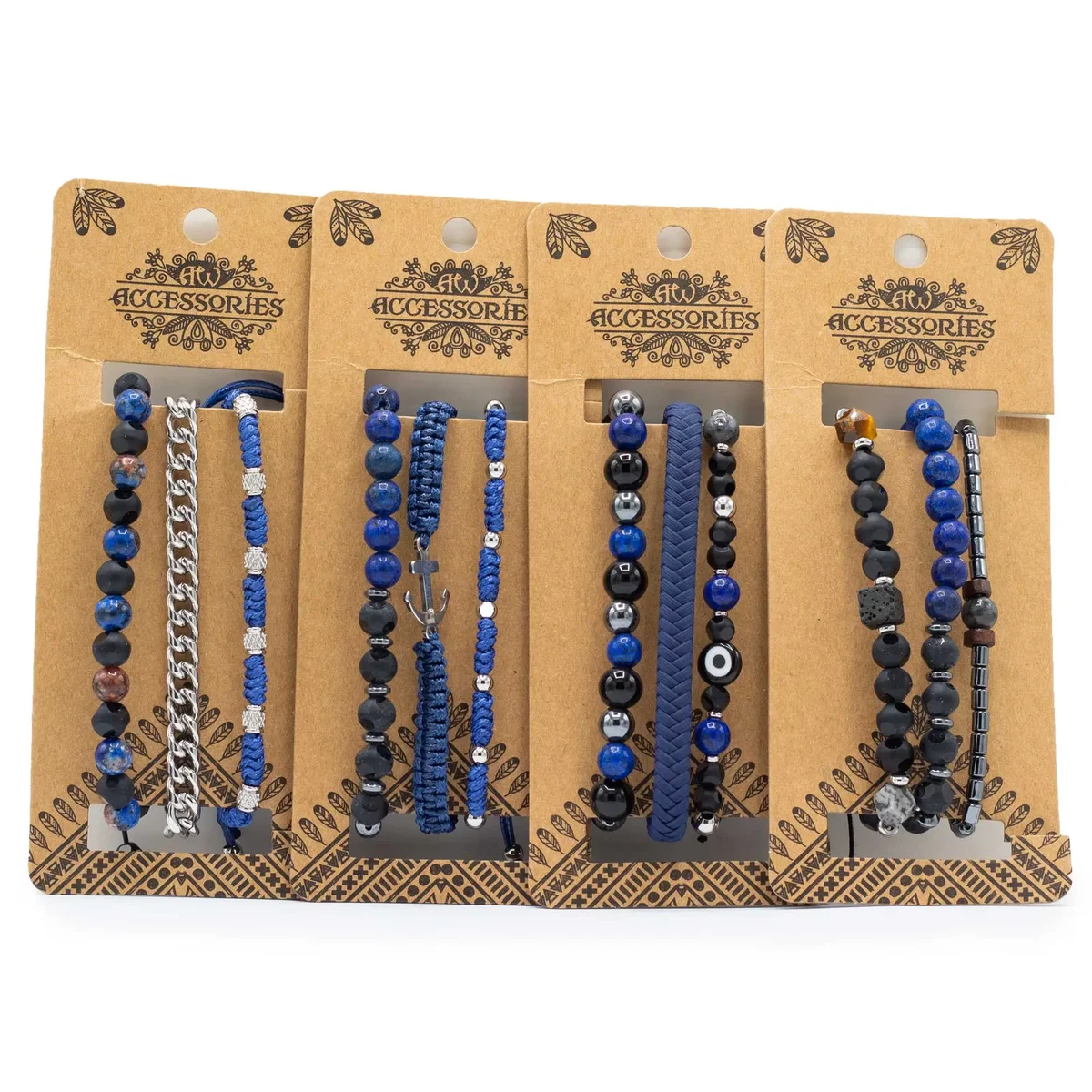 Mens bracelet sets featuring medium size and blue accents.