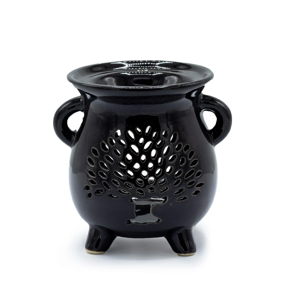 Black cauldron oil burner with tree of life design.