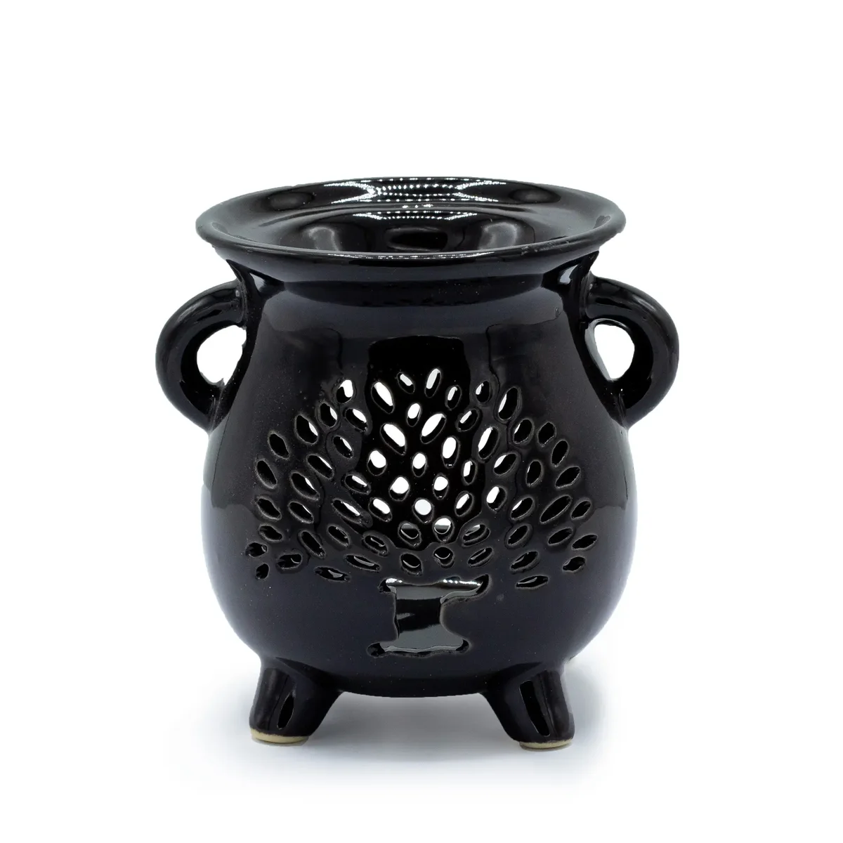 Black oil burner in cauldron shape with a tree of life design, black metal finish, upright with small candle holder at top.