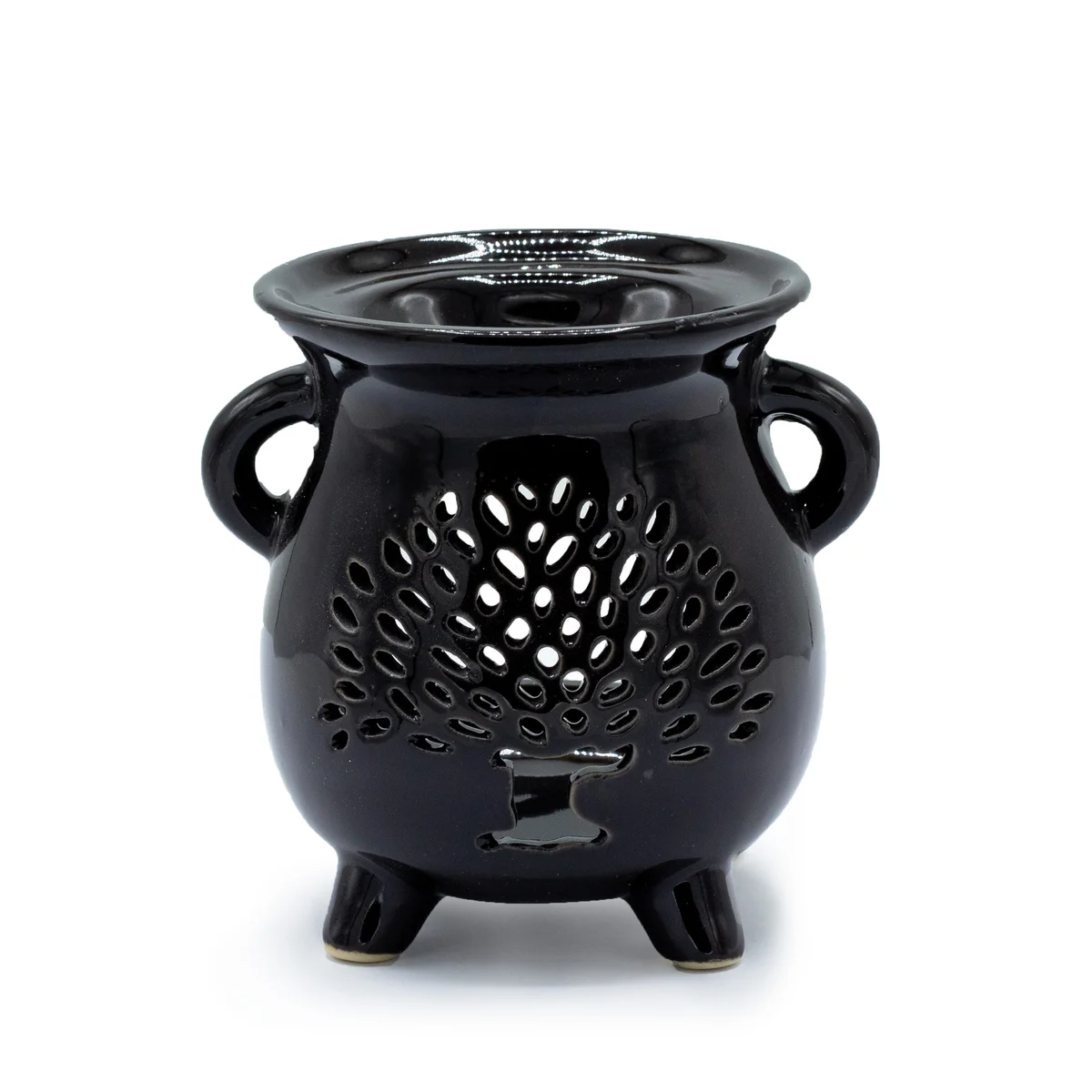 Black oil burner with tree of life design in cauldron shape