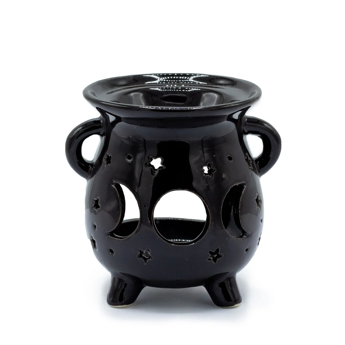 Black cauldron oil burner featuring a moon phase design.