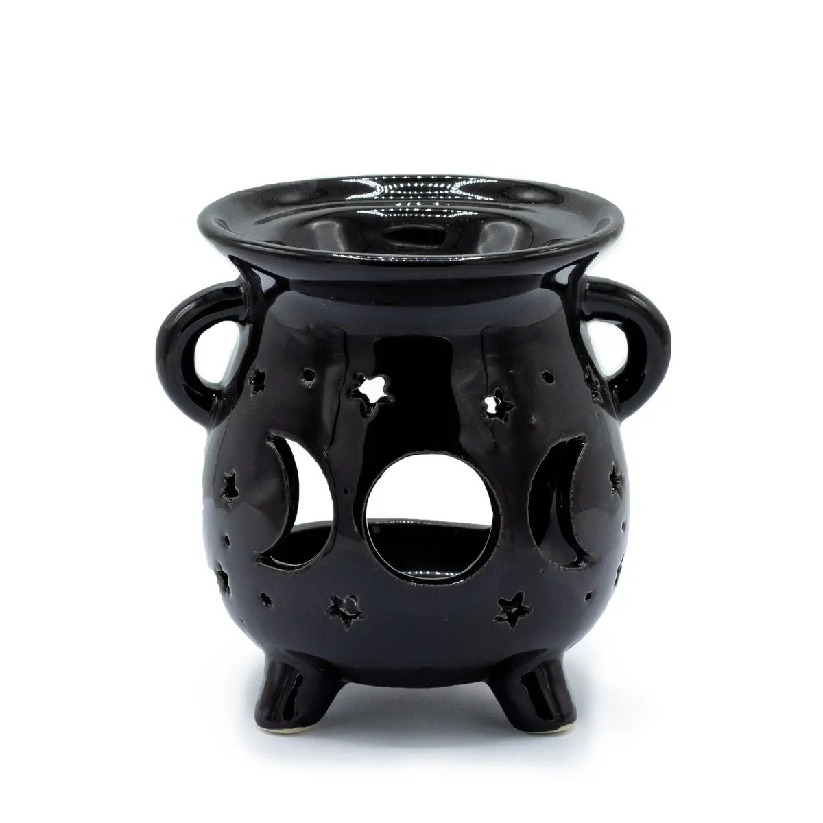 black cauldron-shaped moon phase oil burner