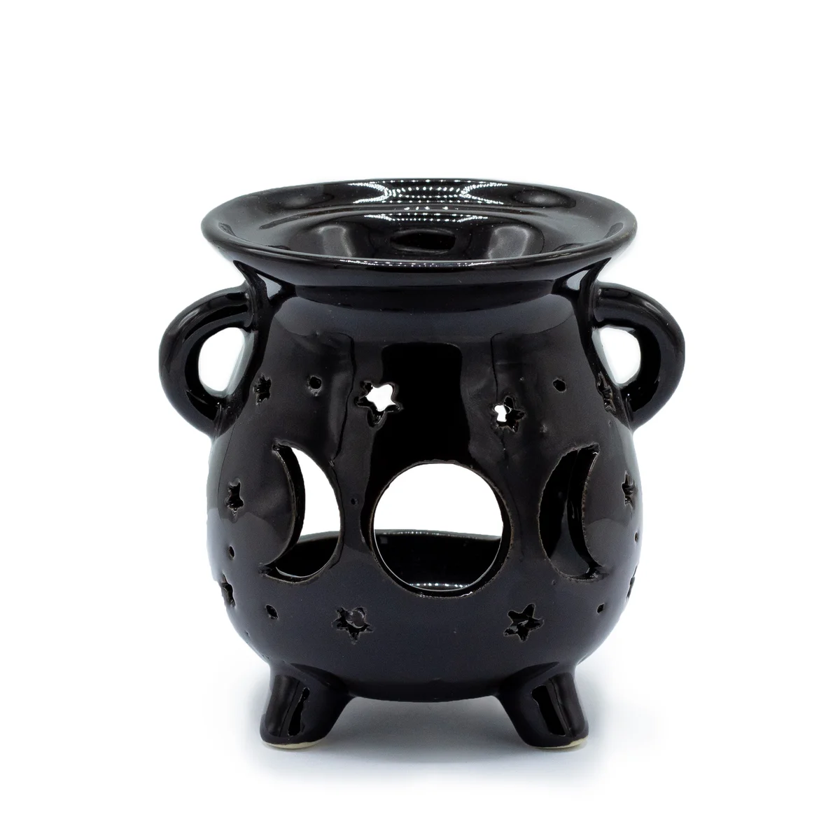 Black oil burner shaped like a cauldron, featuring a moon phase design.