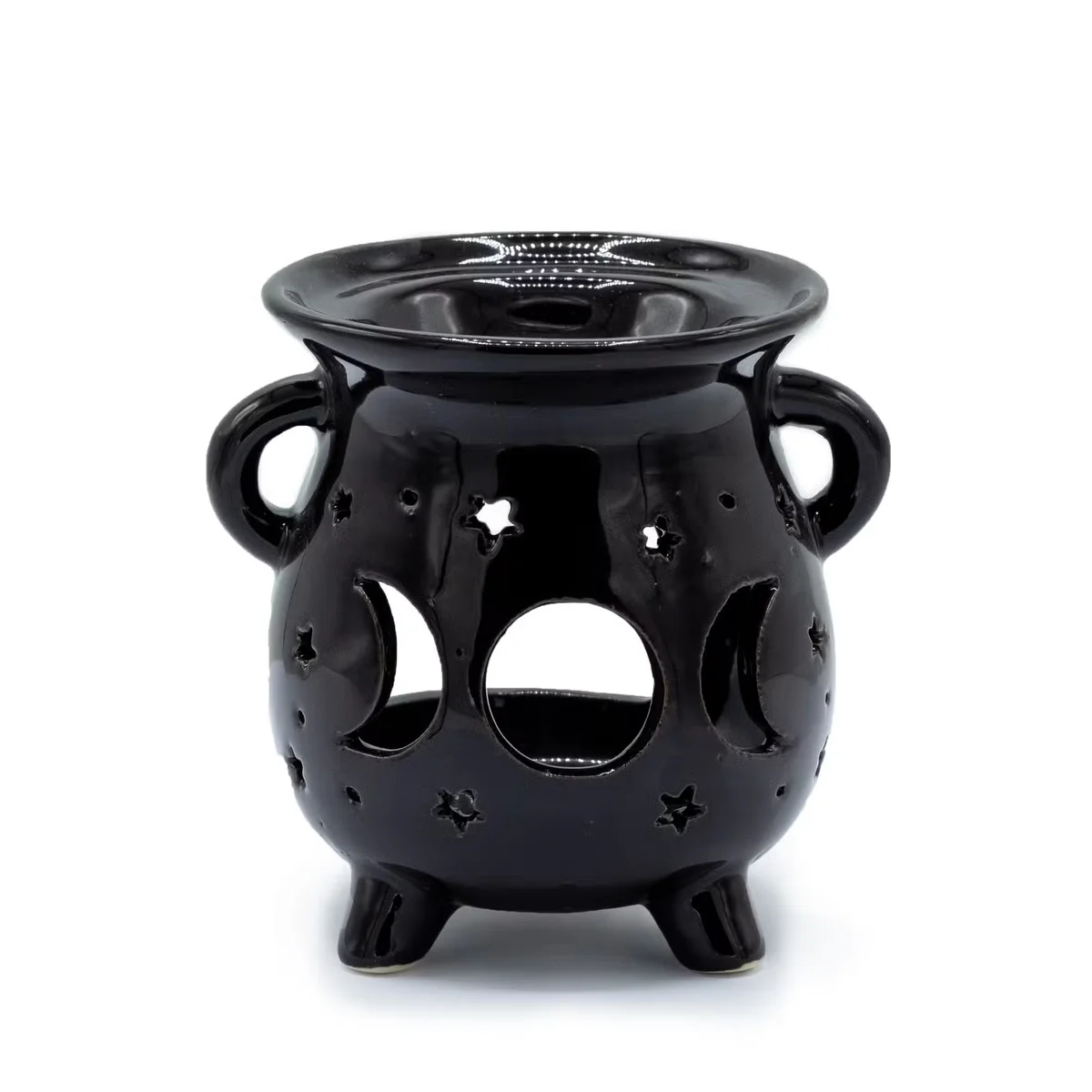 Black cauldron-shaped aromatherapy oil burner with moon phase pattern