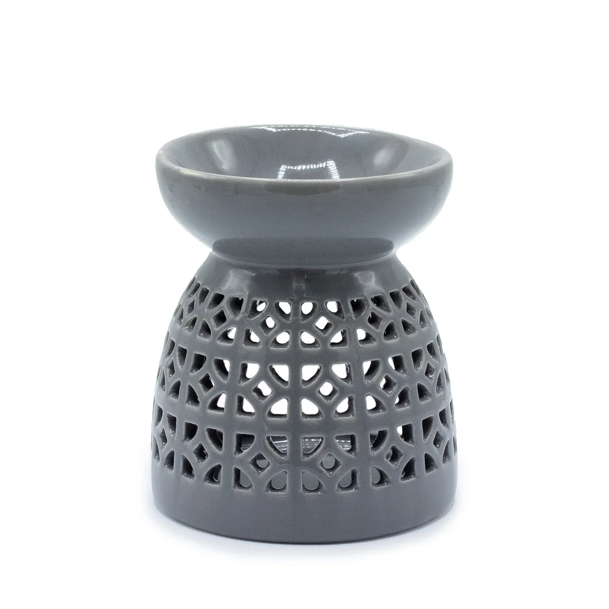 Classic oil burner with Moroccan cutout design in grey.