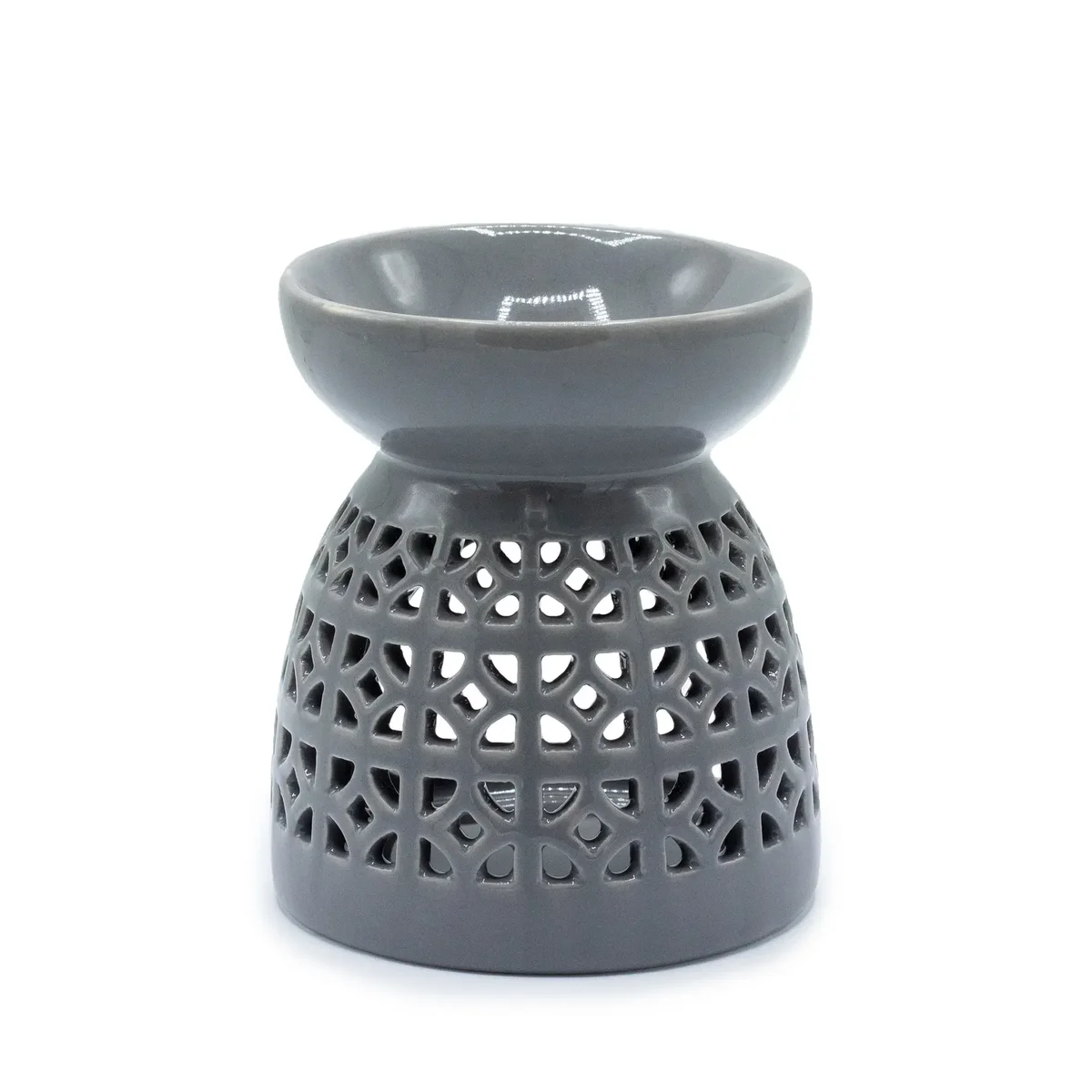 Grey classic oil burner featuring a Moroccan cutout design.